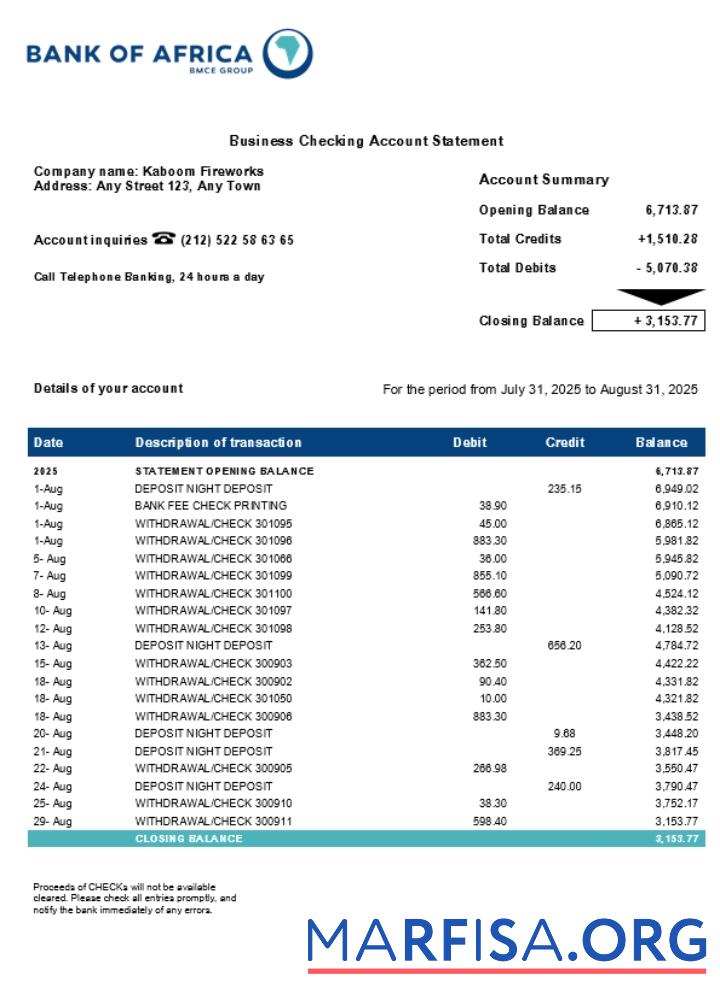 Blank Bank of Africa business bank statement Word and PDF format (1) template